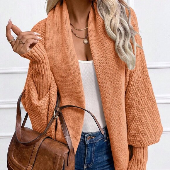 Orange Casual Women's Solid Color Bat Wing Sleeve Loose Open Front Cardigan - Picture 6 of 6